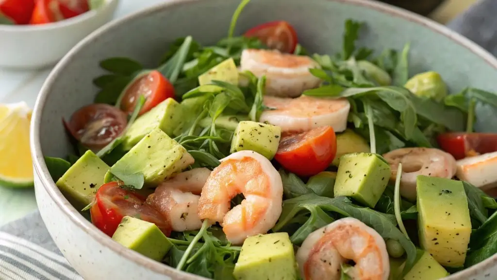 Avocado And Shrimp Salad With Arugula Microgreens Wide