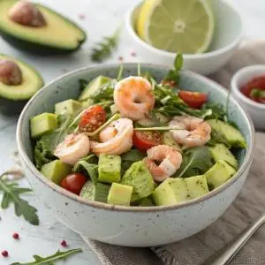 Avocado And Shrimp Salad With Arugula Microgreens