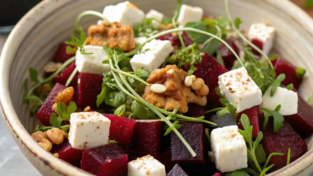 Beetroot And Goat Cheese Salad With Beetroot Microgreens Wide