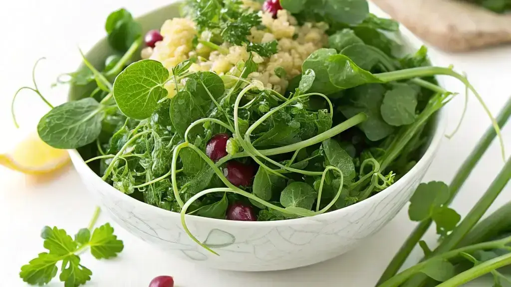 Quinoa And Kale Salad With Pea Shoots Wide