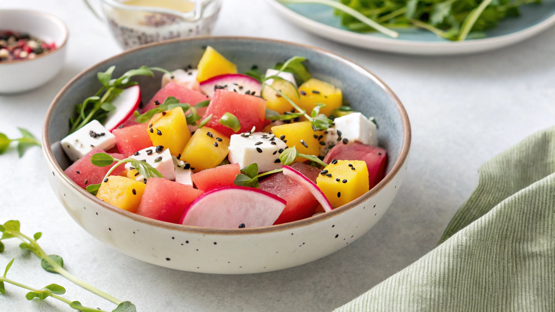 Watermelon and Radish Salad with Sunflower Microgreens Wide