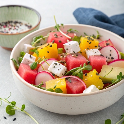 Watermelon And Radish Salad With Sunflower Microgreens