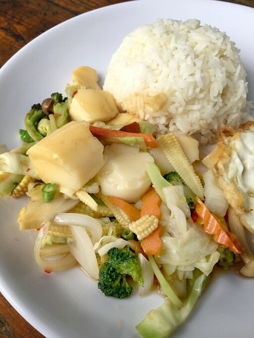 Stir-Fried Mixed Vegetables With Tofu And Fried Egg
